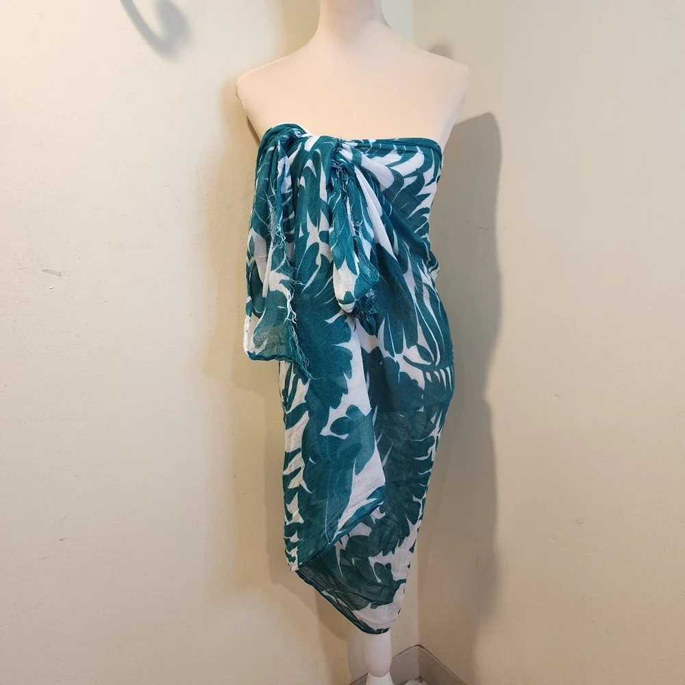 Teal and White Leaf Print Large  Scarf